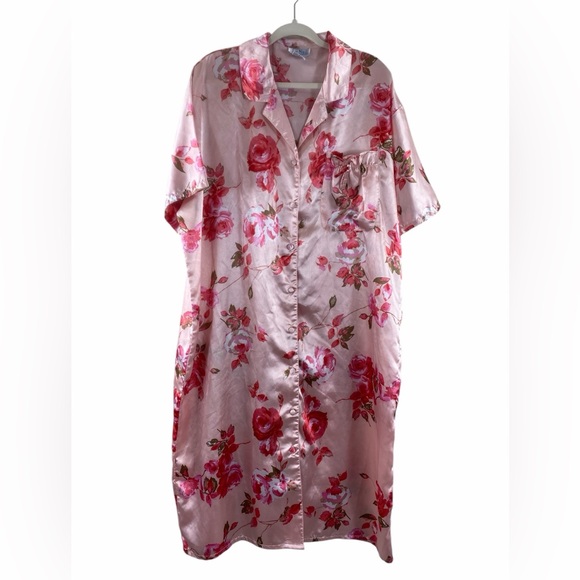 Vintage Other - Vintage Pink Floral Satin Kimono Robe Nightshirt Pajama‎ One Size